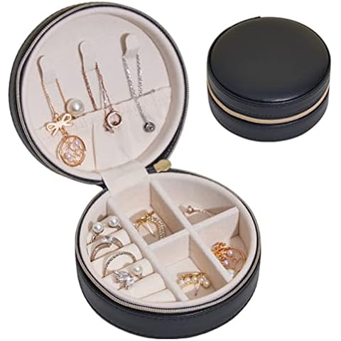ZHOUJIE Jewellery Box Organiser, Small Travel Jewellery Box Leather Jewelry Storage Case with Zipper Round Jewellery Organizer for Rings Earrings Necklace Bracelets Faux Leather Jewelry Gift Box Cover