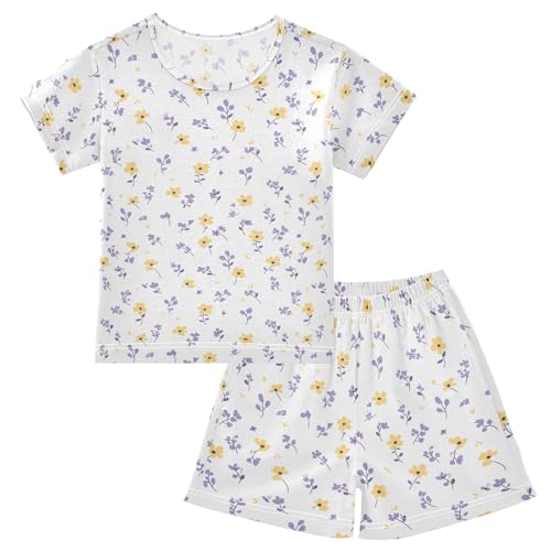 Yellow Flowers Purple Leaves Pattern Summer Cute Pajama Sets, Short Sets for Daily Wears and Sleep Wears