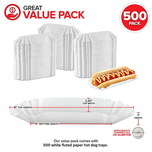 Stock Your Home Fluted Hot Dog Trays (500 Pack) 6” Fluted Paper Hot Dog Liners - Disposable White Hot Dog Wrappers - Rectangular Food Trays for To-Go Orders, Takeout, Concessions Stands, Festivals