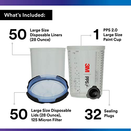 Image of 3M PPS 2.0 Spray Gun Cup, Lids and Liners Kit, 26325, Large, 28 Ounces, 125-Micron Filter, Use for Cars, Furniture, House and More, 1 Paint Cup, 50 Disposable Lids and Liners, 32 Sealing Plugs