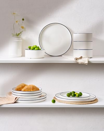 Image of Famiware Porcelain Dinnerware Set, 12-Piece Modern Plate and Bowl Set, Dish Set for 4, Microwave and Dishwasher Safe Tableware, White with Blue Trim