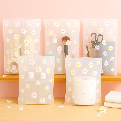 Image of PulGos Pack of 5 Multipurpose Storage Bags - Frosted Semi-Transparent Travel Pouches with Daisy Print | Reusable Zip Bags for Toiletries, Makeup, Shoes & Gifting | Travel Packing Cubes