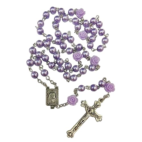 ユニークな数珠ネックレスガラスビーズローズフラワー鎖骨チェーンカトリックジュエリー宗教ロザリオ。, Length 70cm, ガラスパール、合金。, 宝石なし