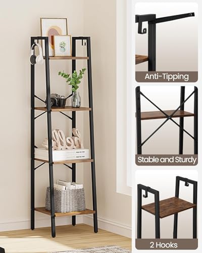 Image of Hzuaneri 4-Tier Ladder Shelf, Narrow Bookshelf, Freestanding Bookcase, Corner Storage Shelves with 2 Hooks for Home Office, Living Room, Kitchen, Bedroom, Industrial, Rustic Brown and Black BC13201B