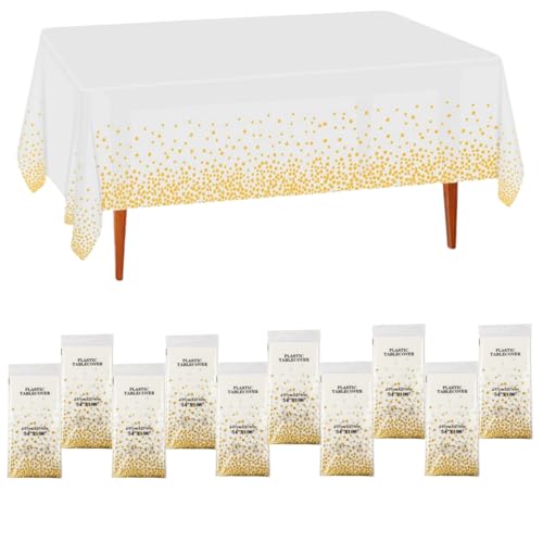 CEILIWEN 10 Packs of White and Gold Party Tablecloths, Disposable Tablecloths Table Covers, Table Decoration for Party, 274x137cm (WHITE GOLD-10 PACKS)