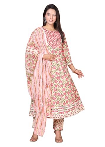 Image of Queens World Women's Anarkali Pure Cotton Floral Printed Kurta Pant Set With Dupatta (M To 2XL- Size)