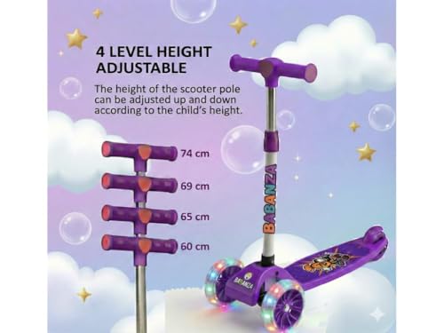 Image of Pixi Turbo Kick Scooter 24mm Wheels | Skate Cycle for Kids with LED Flashing Wheels | Adjustable Height | Foldable | Age 3 to 10 Years | PU Wheels | Max User Weight 50 kgs | Color - Purple
