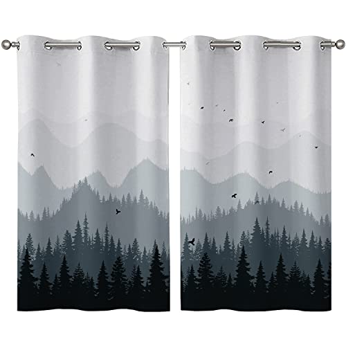Image of ALALAL Mountain Forest Birds Scenery Kitchen Curtains Grommet Privacy Curtain Small Window Curtains for Kitchen Café Bath Living Room Bedroom Home Party Decor 26 x 39 inch, 2 Panels (Gray)