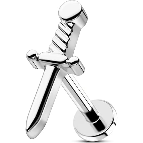 OUFER Cartilage Helix Earrings, 316L Surgical Steel 16G Earring Studs Silver Gold Flat Back, Threadless Sword Element Cartilage Helix Tragus Conch Lobe Lip Piercing Jewelry for Women and Men