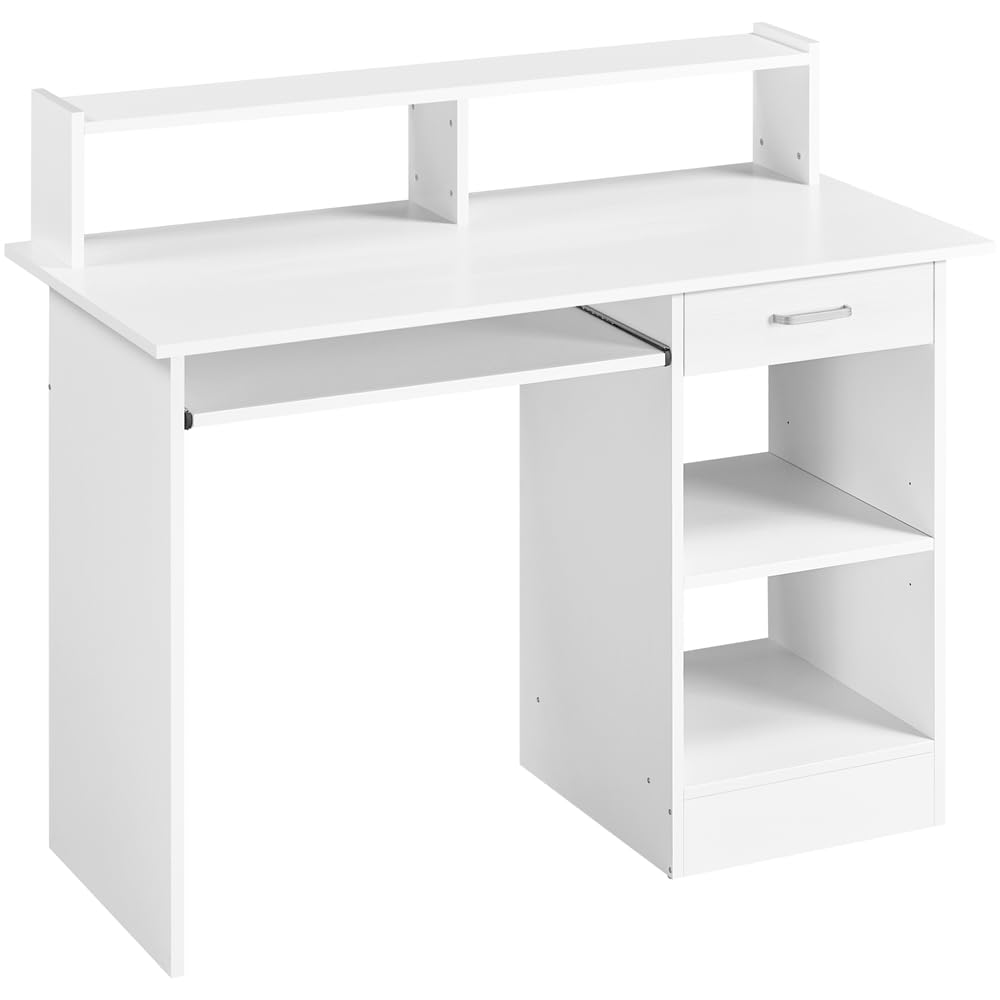 Yaheetech Escritorio para Ordenador con Estante, Escritorio PC para Trabajo Mesa Ordenador Reversible con Cajón para Estudio Oficina Blanco Brillo 106 x 50 x 94 cm
