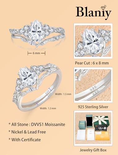 Image of Moissanite Engagement Ring Set 1.25CT D Color VVS1 Clarity Pear Shaped 925 Sterling Silver Wedding Sets Rings Bridal Promise Ring Jewelry for Women with Certificate Size 5-10