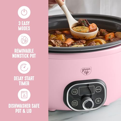 Image of GreenLife 8QT Slow Cooker, Non-Toxic PFAS-Free Ceramic Nonstick Removable Interior Bowl, Programmable, Family Friendly, Keep Warm, Stovetop & Oven Safe, Dishwasher Safe Crock, Timer, Glass Lid, Pink