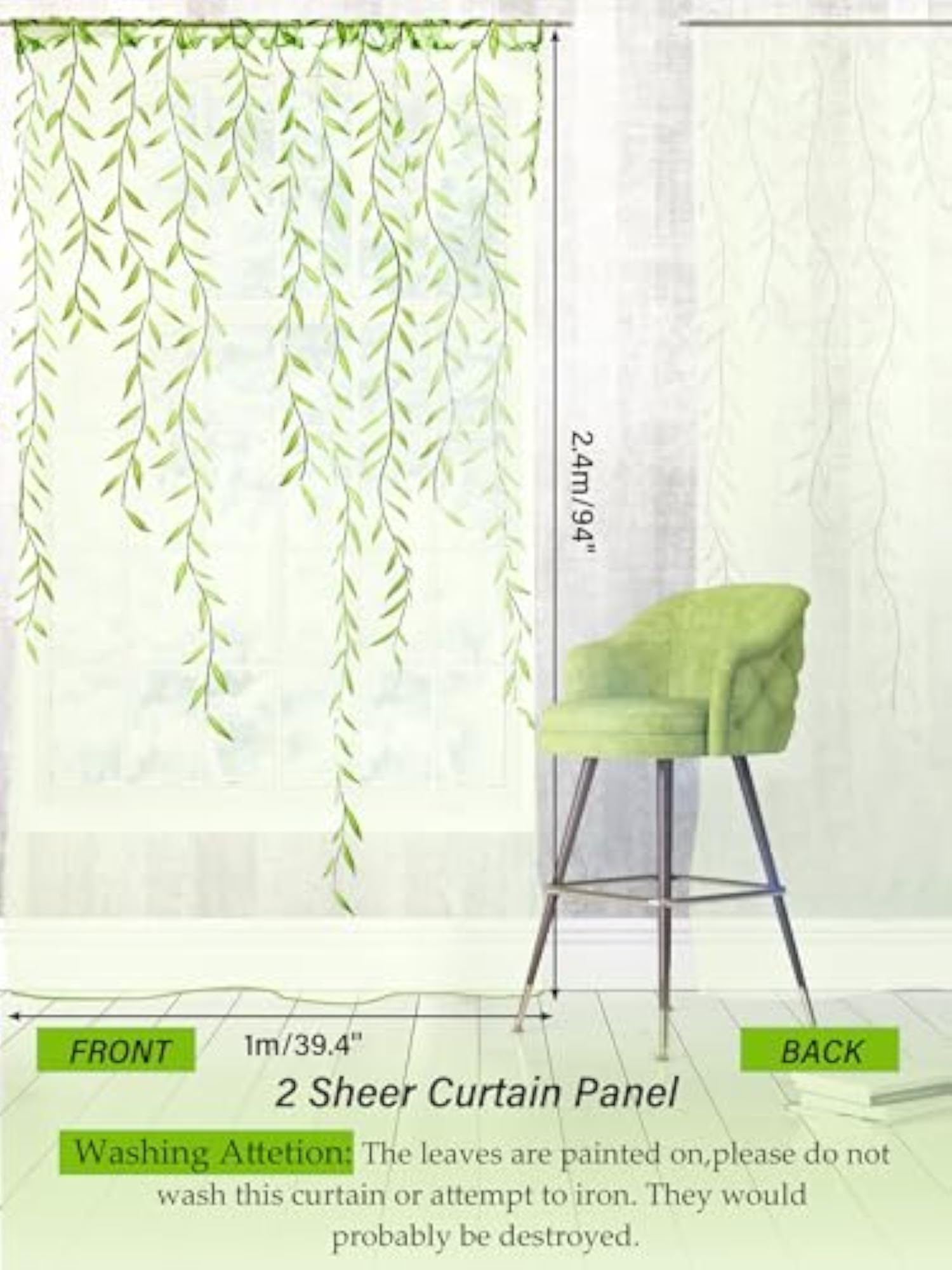 Willow Voile Curtains, Cute Green Sheers Leaf Design