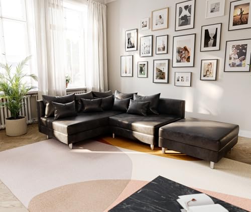 DELIFE Eckcouch Clovis Anthrazit Antik Optik mit Hocker Ottomane Links Ecksofa modular
