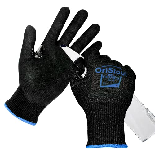 OriStout Cut Resistant Gloves Level 6, Touchscreen, Nitrile Coated Black Work Gloves with Grip, for Metal Detecting, HVAC, Glass Handling, Gardening, Construction, Warehouse| 1 Pair, X-Large, Size 10