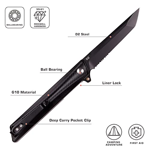 Remette Folding Pocket Knife Gd23K, D2 Steel Black Pvd Serrated Blade, Ball Bearing, Liner Lock, G10 Lightweight Wear-Resistant Handle,Outdoor Camping Pocket Knife For Men With Clip #TOP4