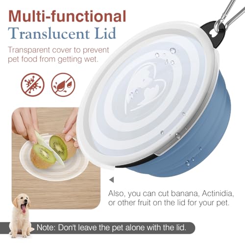 Pawaboo Faltbar Hundenapf, 2 Stück 450ml Hund Reisenäpfe Tragbar Silikon Auslaufsicher Trinknapf Fressnapf mit Deckel und Karabiner für Hunde Katzen Spaziergänge Unterwegs, Hellrosa + Blau