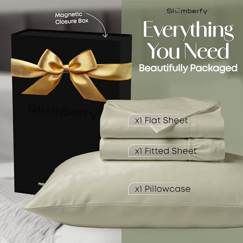 Image of Slumberfy 3-Piece 400 TC Viscose Derived from Bamboo Sheets, Twin Size - 1 Fitted, 1 Flat, 1 Pillow Case- Deep Pocket Cooling Viscose-Bamboo Bed Sheets in Magnetic Closure Gift Box, Light Green