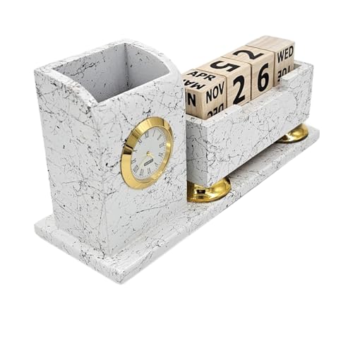 Image of WOOD HOUSE Wooden Pen Stand with Calendar & Mobile Stand for Office Table, Pen Holder 100 Years Calendar, New Year Calendar 2024 for Office Table | Lifetime Infinite Perpetual Desk Calendar (WH-62N)