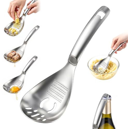 Cuchara de cocina multifuncional 5 en 1 de acero inoxidable prensador de | Con separador de huevos, abrebotellas, cuchara mezcladora y cuchara, rallador de jengibre para cocinar, masar, escurrir