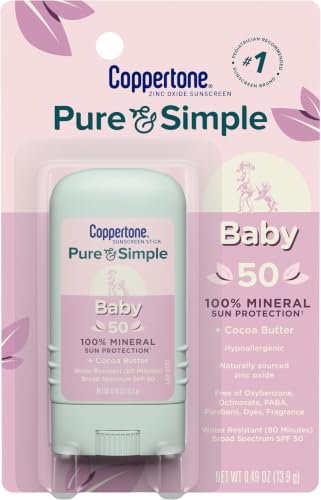 Image of Coppertone Pure and Simple Baby Sunscreen Stick SPF 50, Zinc Oxide Mineral Sunscreen for Baby, Body and Face, 0.49 Oz Stick (Pack of 12)
