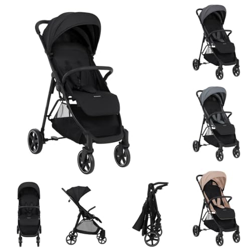 KikkaBoo Cochecito infantil ALEXA, cochecito de hasta 22 kg, ligero, compacto, plegable con una sola mano, respaldo ajustable, reposapiés ajustable, arnés de 5 puntos, negro