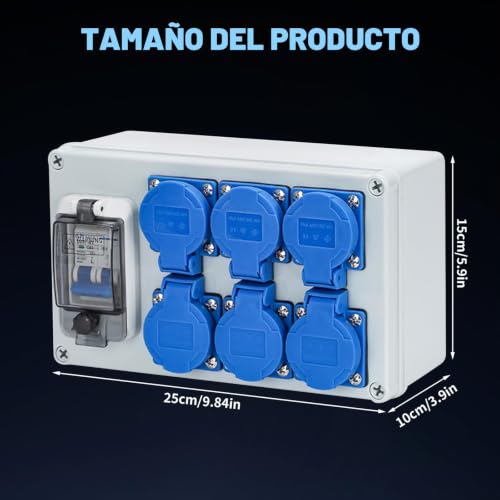 Distribuidor de corriente para construcción 16A IP67 con interruptor FI y 6 enchufes 2