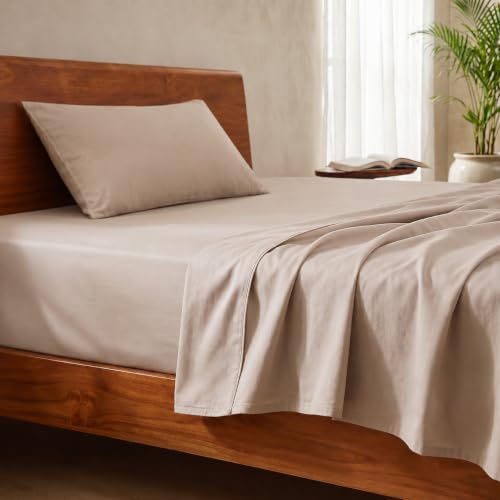 Image of LANE LINEN 100% Organic Cotton Bedsheet for Single Bed - Taupe | GOTS Certified, Percale Weave, 60x90 inches, Soft & Breathable, Machine Washable, Includes 1 Pillow Cover