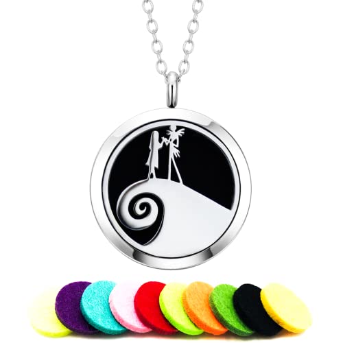 SOQOJO Nightmare Before Chirstmas Aromatherapy Essential Oil Diffuser Necklace Gift Jack Skellington and Sally Locket Jewelry 23.1" Adjustable Chain
