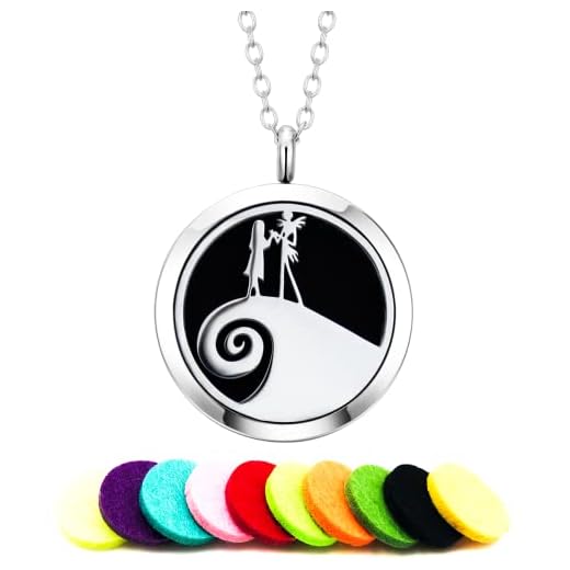 SOQOJO Nightmare Before Chirstmas Aromatherapy Essential Oil Diffuser Necklace Gift Jack Skellington and Sally Locket Jewelry 23.1" Adjustable Chain