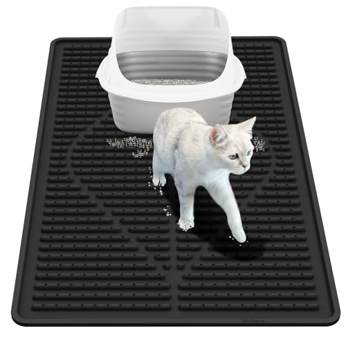 Image of Mofason Rubber Cat Litter Box Mat, Black Silicone Litter Catcher Mat | Waterproof 24 inchx15 inch kitty litter box mat; litter trapping catcher mat; easy clean trapping mat, kitty litter mats for floor