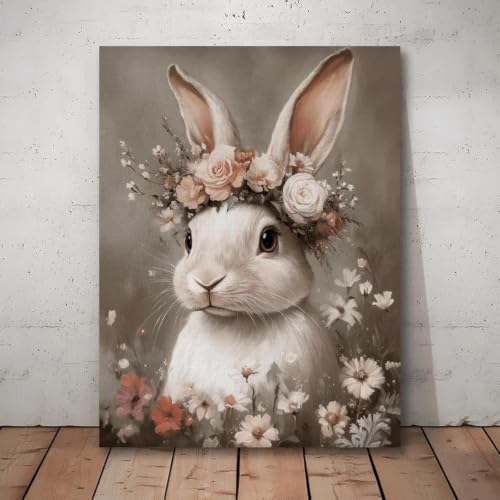 Tableau vintage fleurs et lapin de Pâques en toile canvas premium