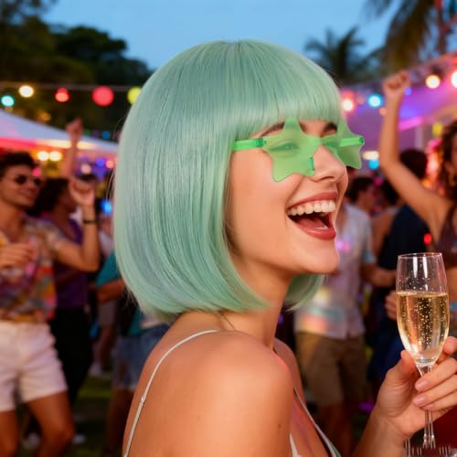 Image of ANOGOL Mint Green Bob Wig with Bangs Green Wigs for Women Colored Wigs | Hair Cap+ Sunglasses Short Neon Wig for Bachelorette Party Funny Outfit for Women Halloween Christmas Costume St Patrick Day