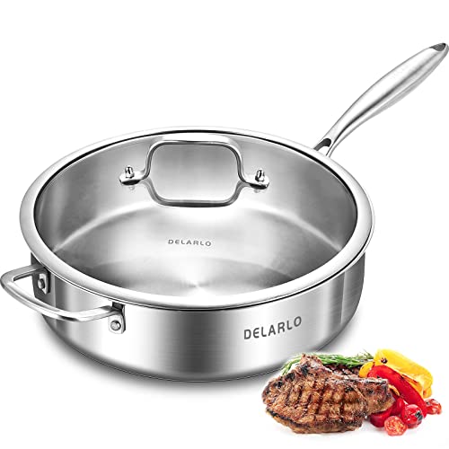 DELARLO Tri-Ply Stainless Steel Frying Pan,12 inch Skillet with Lid,6 Quart Saute Pan,Compatible with All Cooktops,Oven Up to 660℉,Chicken Fryer,Dishwasher-Friendly by DELARLO - Used condition - US$35.99