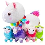 Daughe Cute Llama Stuffed Animal Unicorn Sheep Mommy Plush with 4 Baby Lamb in her Tummy, Lovely Newborn Llama Decor Lamb Doll Toy for Kids Birthday Gift Girls Boys Sheep Lovers