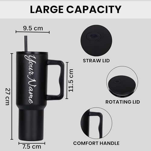 Image of Personalised with Your Name, 1200ml Tumbler with Straw-Handle-Stainless Steel Double Wall Insulated Cup | Leakproof Sipper Mug for Hot-Cold Drinks |Coffee - WaterTumbler (Black castom)