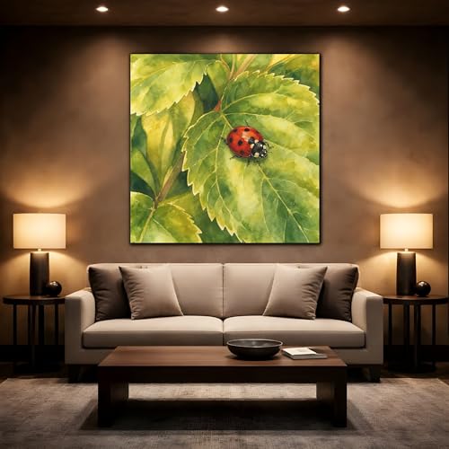 Toile aquarelle coccinelle rouge verte grand format carré 35x35 cm déco salon - 2