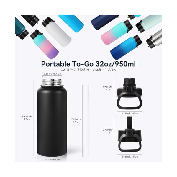 Neihepal 32 oz Insulated Water Bottles Bulk with 2 Lids (Straw & Spout Lid), Stainless Steel Double Wall Water Bottle, Keeps Cold 24H & Hot 12H (Black,8 Pack) - Image 3