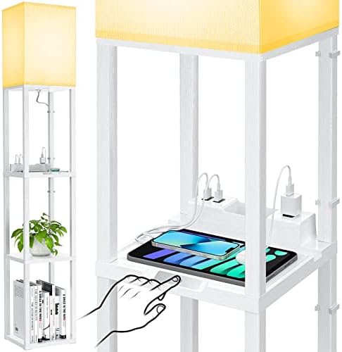 Maxsure Floor Lamp with Shelves - Touch Control LED Floor Lamps for Living Room, Modern Standing Lamp with 2 USB Ports & 1 Power Outlet, 3-Tiered Shelf Corner Lamp, Wood Decor Light for Bedroom, White