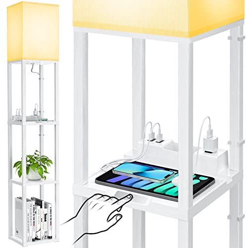 Maxsure Floor Lamp With Shelves - Touch Control Led Floor Lamps For Living Room, Modern Standing Lamp With 2 Usb Ports & 1 Power Outlet, 3-Tiered Shelf Corner Lamp, Wood Decor Light For Bedroom, White #TOP2