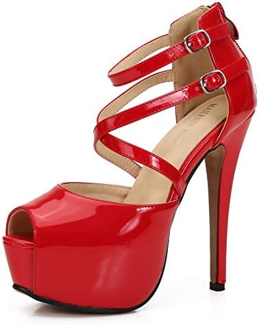 Women's Ankle Cross Strap Sandals Platform Stiletto Dress Zip Patent Red 44 - US 11