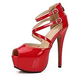 MAIERNISI JESSI Women's Platform High Heel Sandals, Peep Toe, Crisscross Straps, Strappy Ankle Buckle, Zip, Stiletto Heels Patent Red 41 - US 9