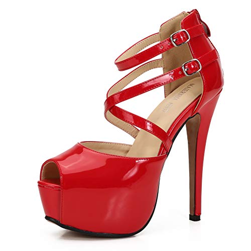 Women's Ankle Cross Strap Sandals Platform Stiletto Dress Zip Patent Red 44 - Us 11 #TOP25