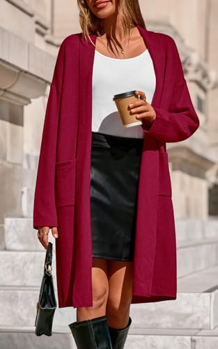 PRETTYGARDEN Women's Open Front Oversized Sweater Shawl Collar Long Sleeve Chunky Cardigan Sweaters for Women Outwears (Red, Medium) — view 3