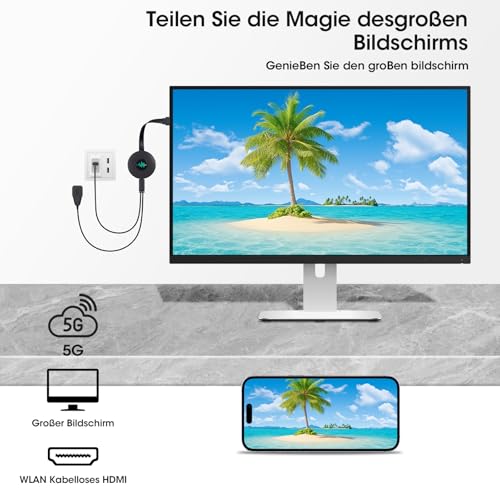 5G Wireless HDMI Dongle, 4K Miracast HDMI Adapter mit Screen Mirror, Miracast/Airplay/DLNA Screen Mirroring für i-Phone/i-Pad/Android/iOS zu TV/Monitor/Laptop/Tablet, Plug & Play (Kohlschwarz)