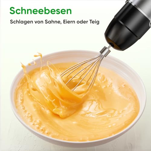 BESROY Stabmixer Set 5 in 1, 1100W Pürierstab Elektrisch, Stufenlose Geschwindigkeit, Edelstahl Hand Blender inkl. Häcksler, Schneebesen, Milchaufschäumer & Messbecher, Ideal für Suppen, Smoothies