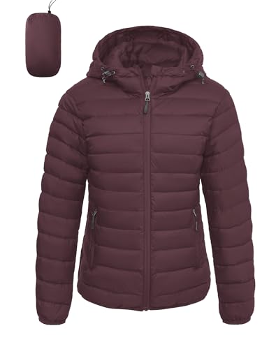 LZACTOIN-X Womens Puffer Jacket Lightweight Packable Winter Light Coat Full-Zip Hooded Outerwear for Travel Wine Red Medium