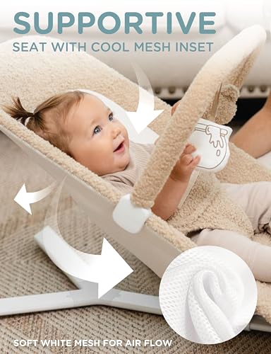 Image of Baby Delight Alpine Deluxe Portable Bouncer, Tan Sherpa | For Infant 0 - 6 months, 3-Position Recline, 3-Point Safety Harness, Removable & Washable Cover, Detachable Toy Bar