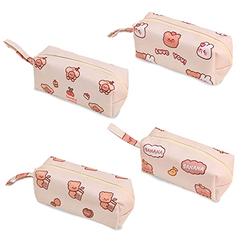 4 Pièce Trousses Scolaire Rétro, Zipper Crayon Sac, Toile Trousse, avec Image de Dessin Animé d'ours, pour Utilisation en Tant Que Plumier, Rangement Stylos, Crayons, Feutres (Rose) Cover