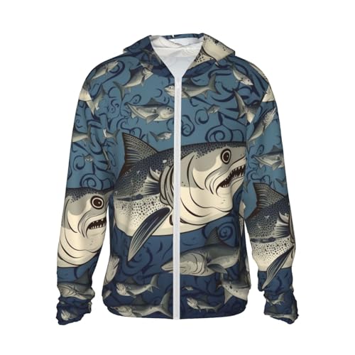 Sun Protection Hoodie Shirt Catching Fish Pattern UPF 50+ Long Sleeve Outdoor Rash Guard for Men Women